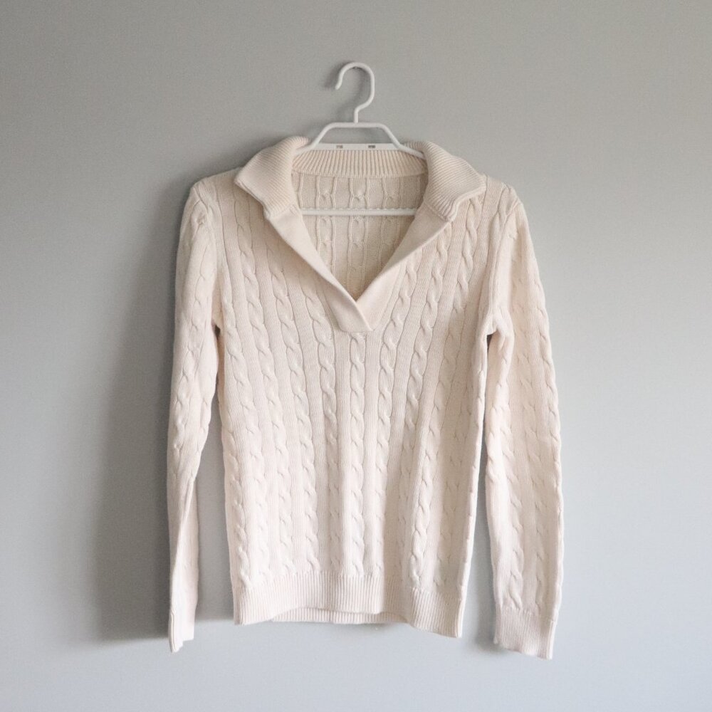 White Women's‎ Cable Knit Collared V-Neck Ribbed Long Sleeve Pullover Sweater